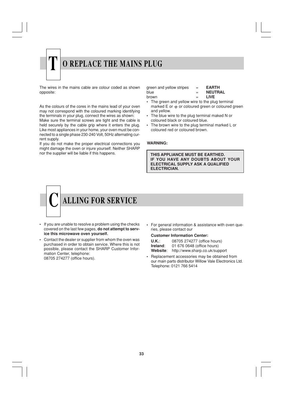 O replace the mains plug, Alling for service | Sharp R-21ATP User Manual | Page 34 / 36