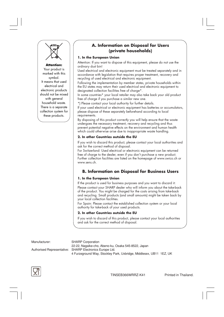 B. information on disposal for business users | Sharp R-21ATP User Manual | Page 36 / 36