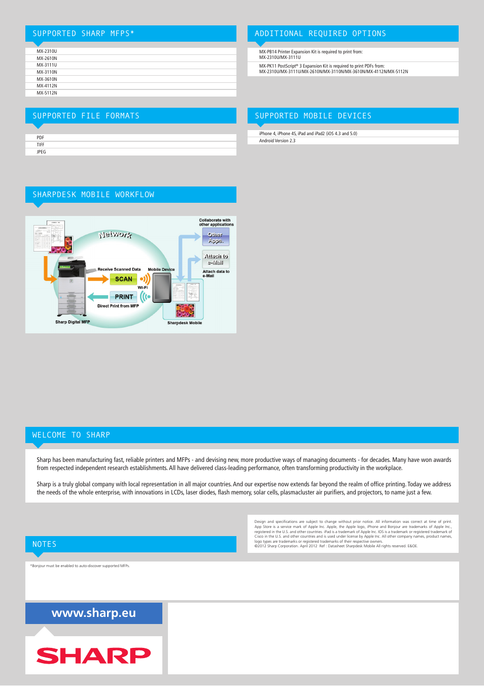 Supported file formats, Additional required options, Supported mobile devices | Welcome to sharp | Sharp Sharpdesk Mobile User Manual | Page 2 / 2