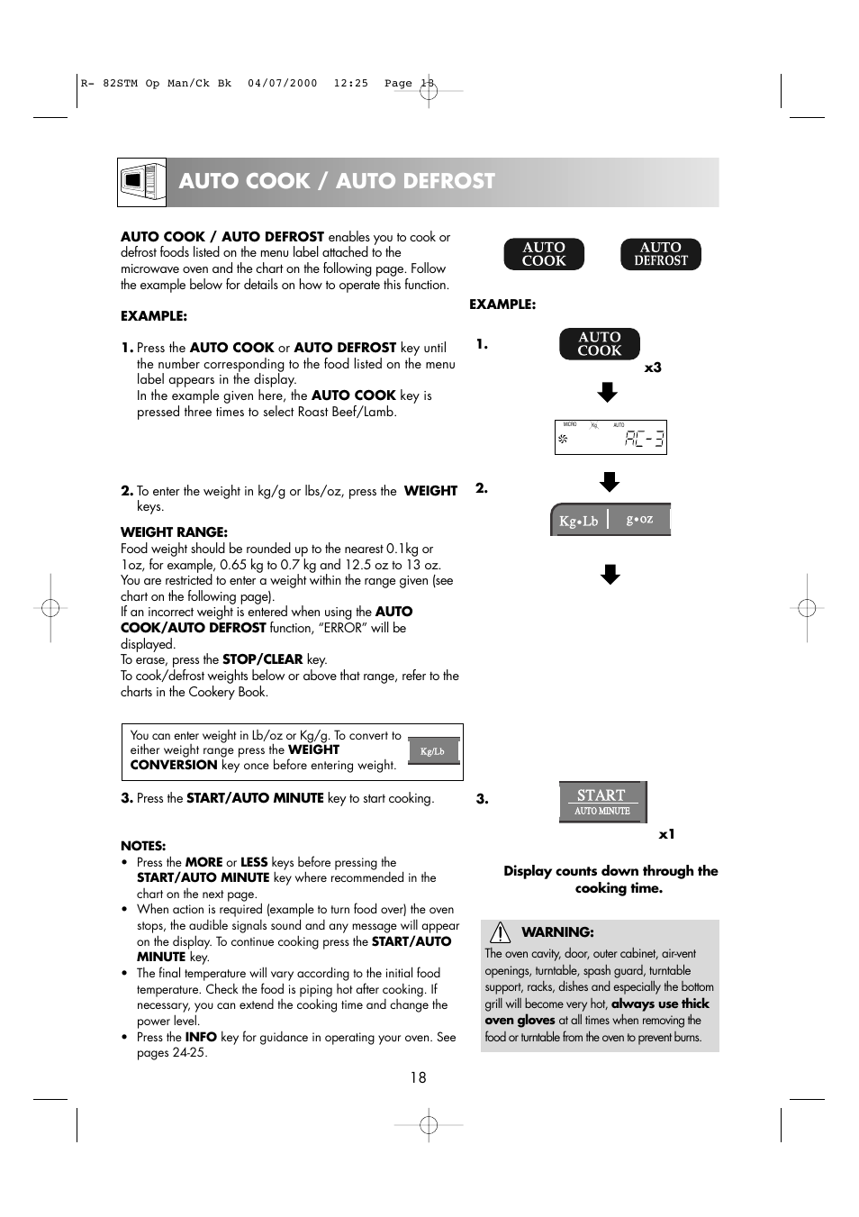 Auto cook / auto defrost | Sharp R82STMA User Manual | Page 20 / 68