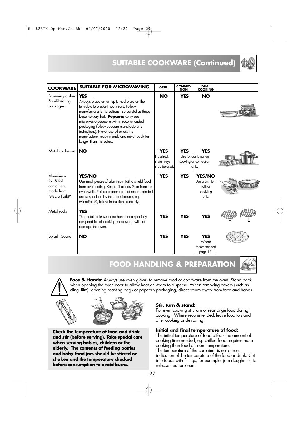 Food handling & preparation, Suitable cookware (continued) | Sharp R82STMA User Manual | Page 29 / 68