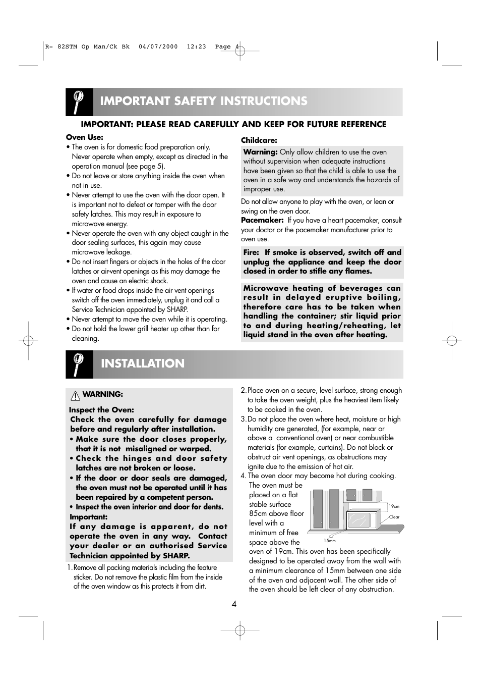 Installation important safety instructions | Sharp R82STMA User Manual | Page 6 / 68