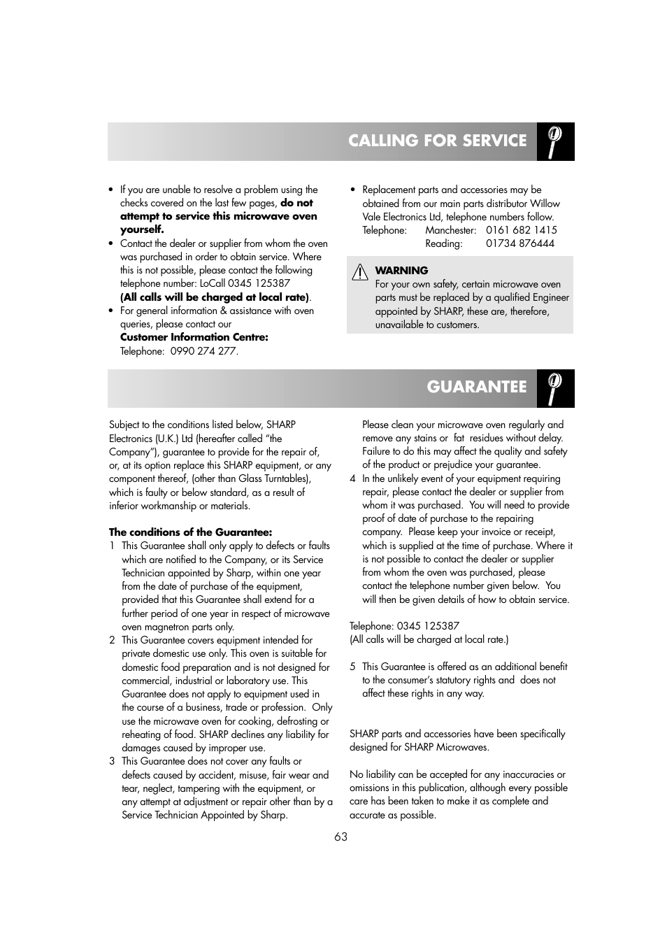 Calling for service, Guarantee | Sharp R82STMA User Manual | Page 65 / 68
