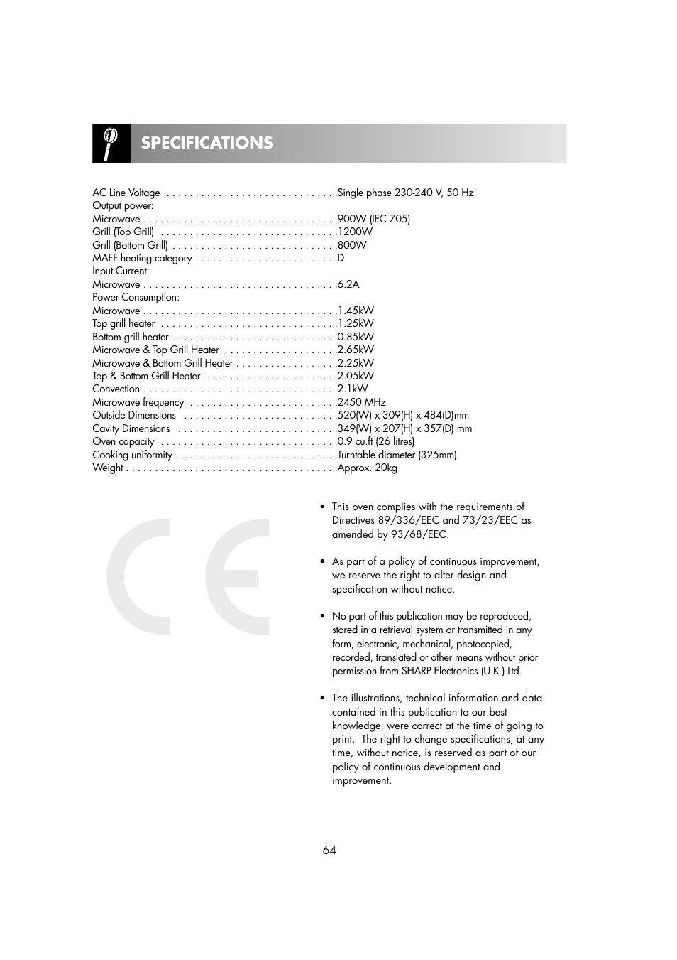 Specifications | Sharp R82STMA User Manual | Page 66 / 68