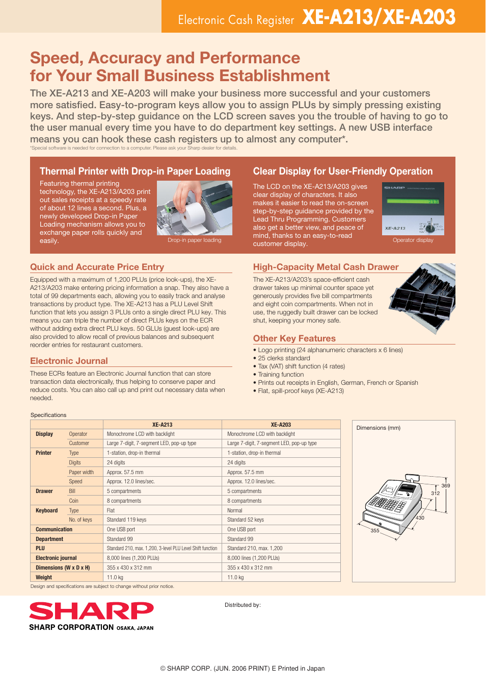 Electronic cash register, Electronic journal, Other key features | Sharp XE-A213 User Manual | Page 2 / 2