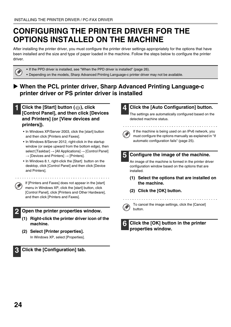 Configuring the printer driver for, The options installed on the machine, Configuring the printer | Driver for the options installed on the machine, Ge 24, Fter installation, see "configuring the printer, R driver, see "configuring | Sharp MX-C300P User Manual | Page 26 / 44