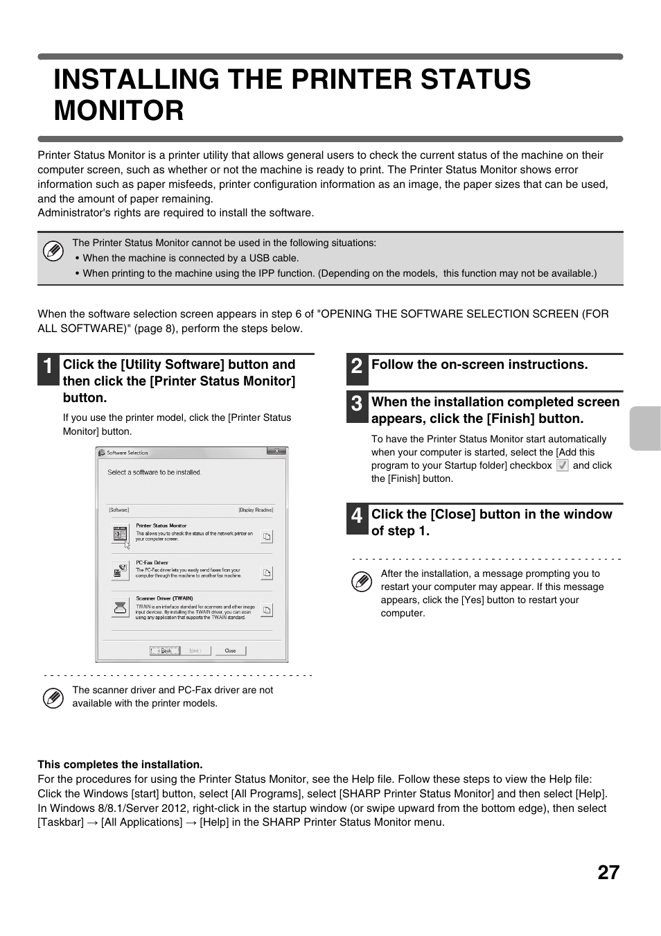 Installing the printer status monitor, Installing the printer status monitor: pa | Sharp MX-C300P User Manual | Page 29 / 44