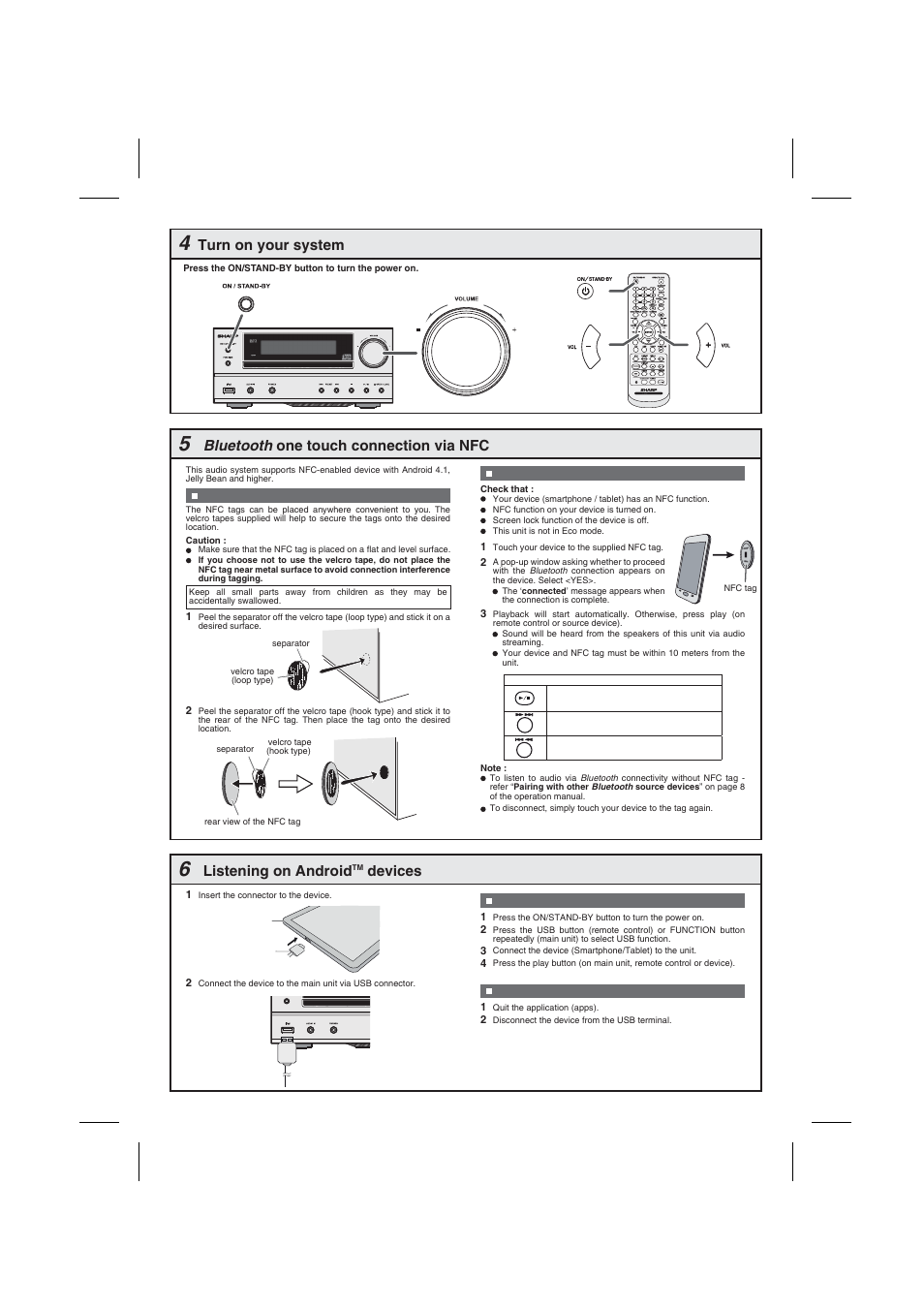 Turn on your system, Bluetooth one touch connection via nfc, Listening on android | Devices | Sharp XLHF202PHS User Manual | Page 2 / 2