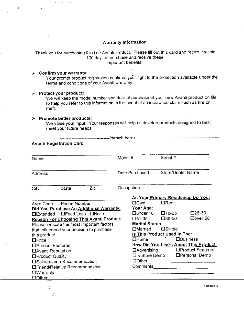 Warranty information, Confirm your warranty, Protect your product | Promote better products, Avanti registration card, As your primary residence. do you | Avanti DER24CSS User Manual | Page 4 / 21