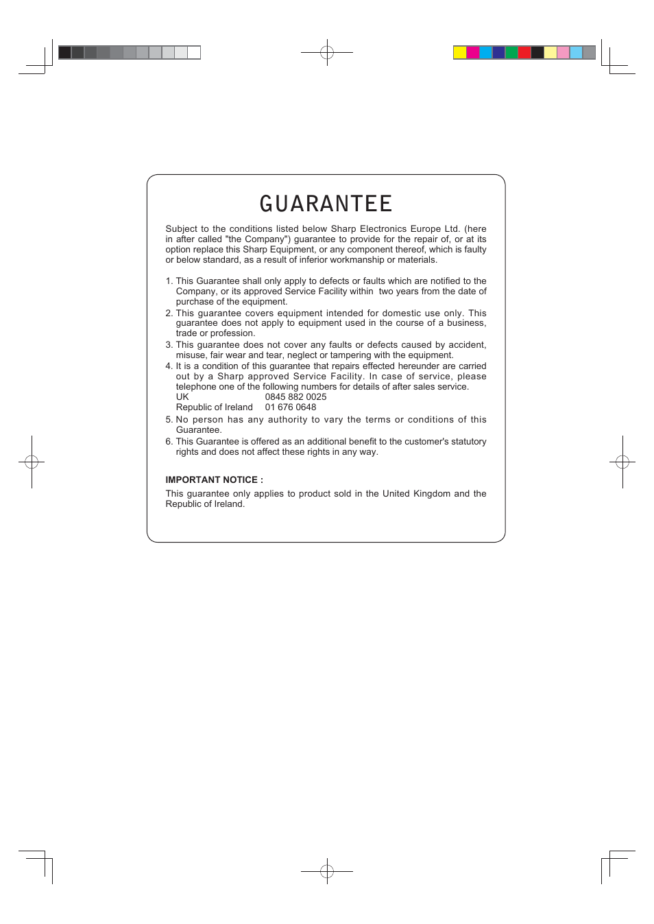 Guarantee | Sharp SJFP813VST User Manual | Page 15 / 16