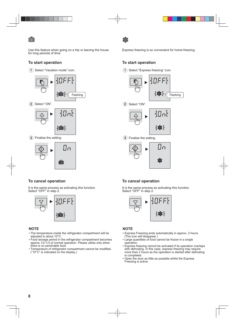 Vacation mode, Express freezing | Sharp SJFP813VST User Manual | Page 8 / 16