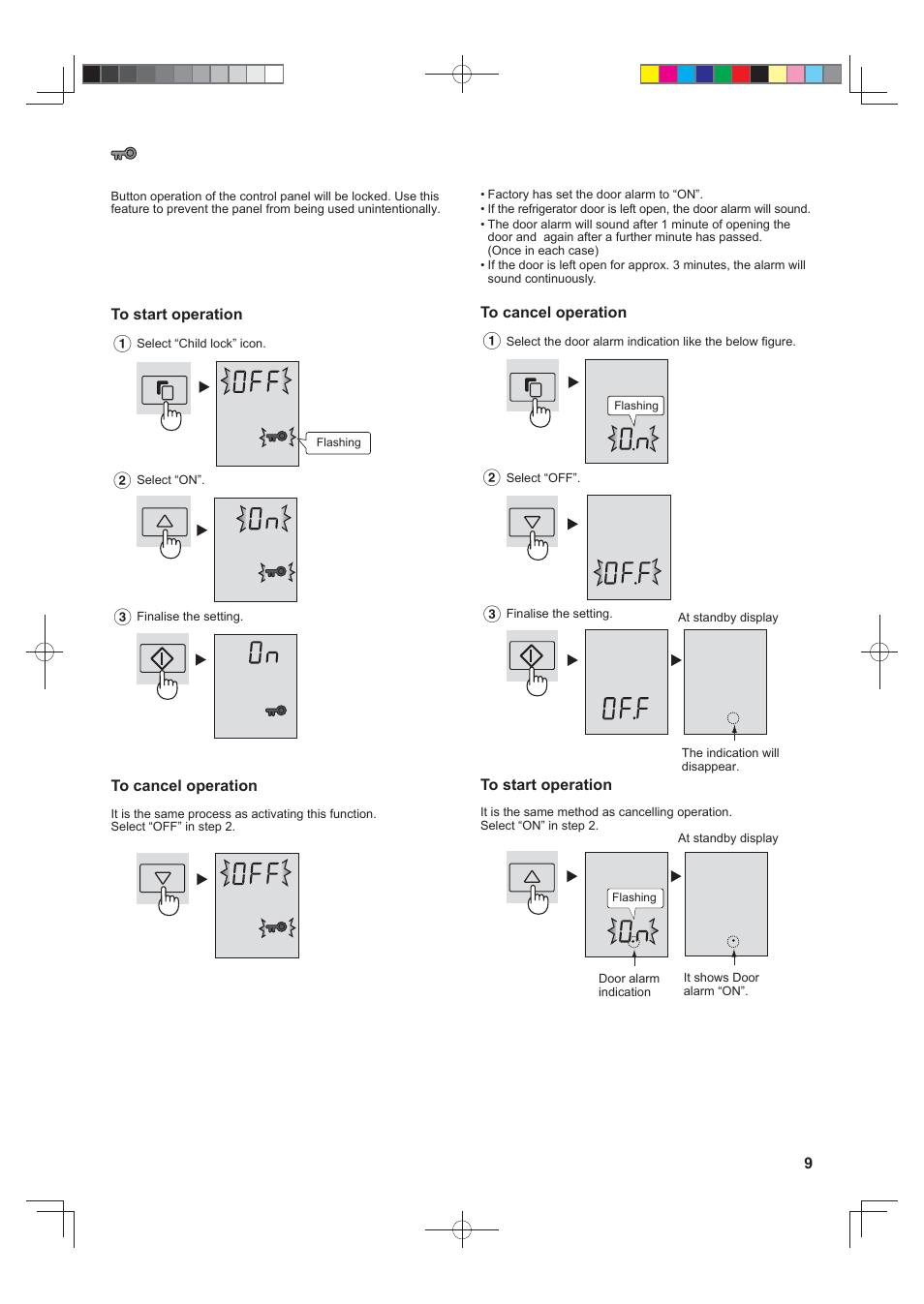 Door alarm, Child lock | Sharp SJFP813VST User Manual | Page 9 / 16