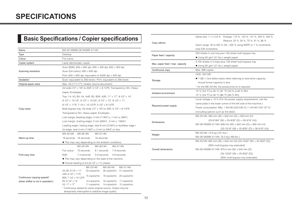 Specifications, Basic specifications / copier specifications | Sharp MX-2314N User Manual | Page 10 / 16