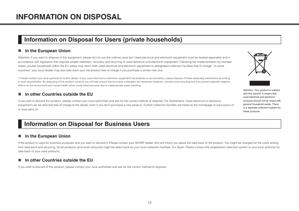 Information on disposal, Information on disposal for business users | Sharp MX-2314N User Manual | Page 13 / 16