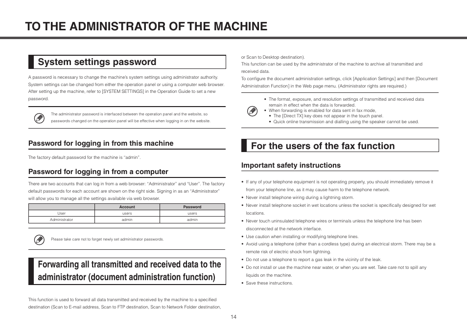 System settings password, For the users of the fax function, Password for logging in from a computer | Password for logging in from this machine, Important safety instructions | Sharp MX-2314N User Manual | Page 14 / 16