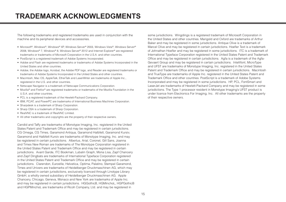 Trademark acknowledgments | Sharp MX-2314N User Manual | Page 15 / 16