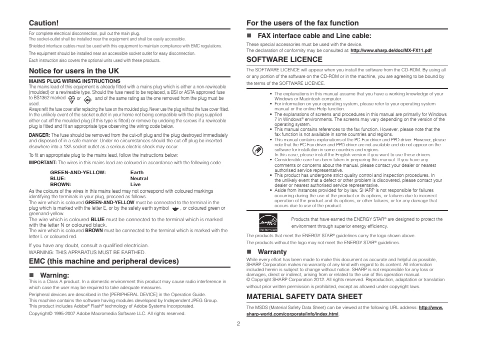 Caution, Notice for users in the uk, Emc (this machine and peripheral devices) | For the users of the fax function, Software licence, Material safety data sheet | Sharp MX-2314N User Manual | Page 2 / 16