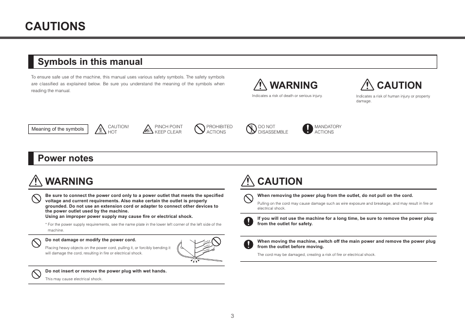 Cautions, Warning, Caution | Symbols in this manual | Sharp MX-2314N User Manual | Page 3 / 16