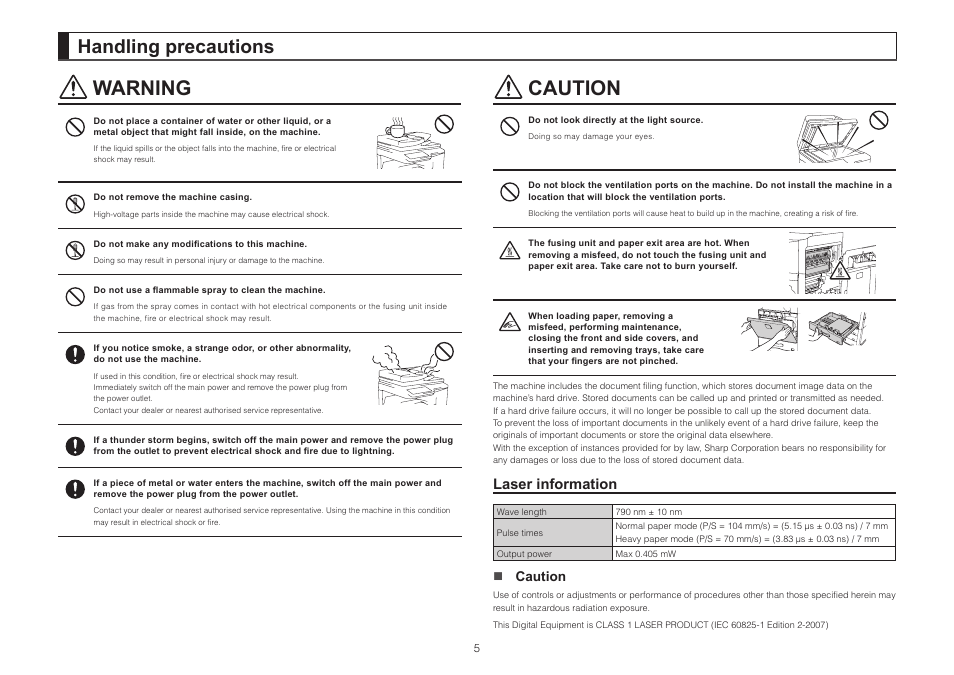 Warning caution, Handling precautions, Laser information | Sharp MX-2314N User Manual | Page 5 / 16