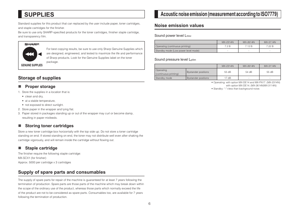 Supplies, Noise emission values, Proper storage | Storing toner cartridges, Staple cartridge | Sharp MX-2314N User Manual | Page 6 / 16