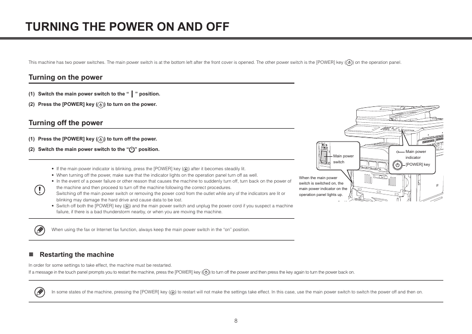 Turning the power on and off, Turning on the power, Turning off the power | Sharp MX-2314N User Manual | Page 8 / 16