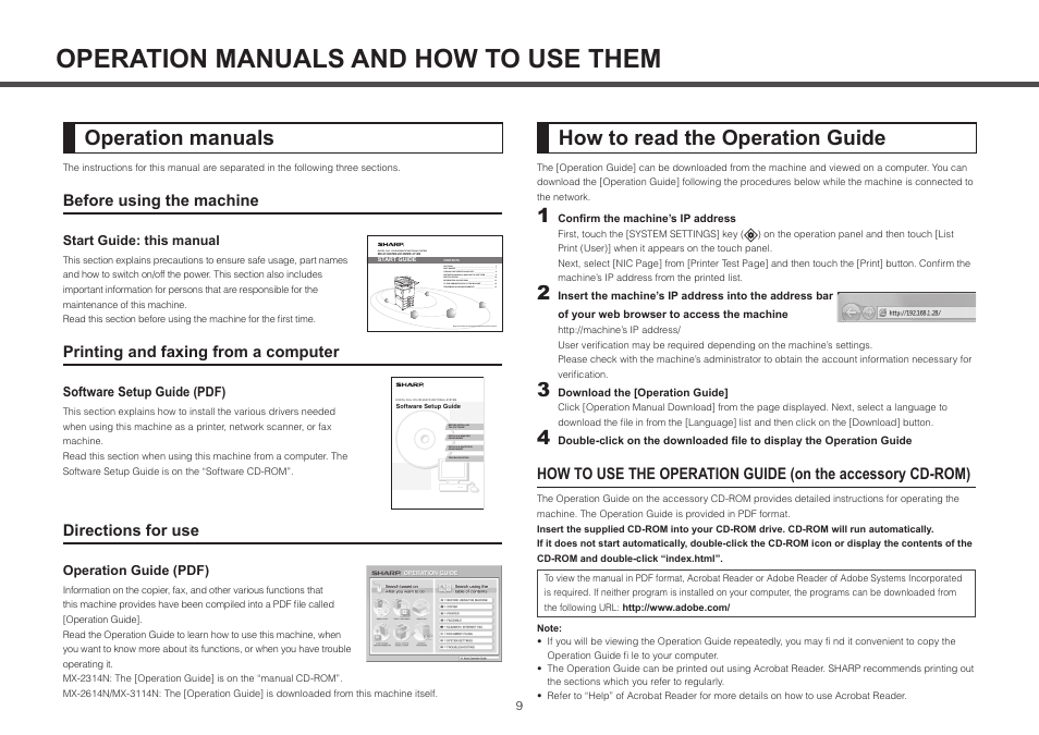 Operation manuals and how to use them, Operation manuals how to read the operation guide | Sharp MX-2314N User Manual | Page 9 / 16