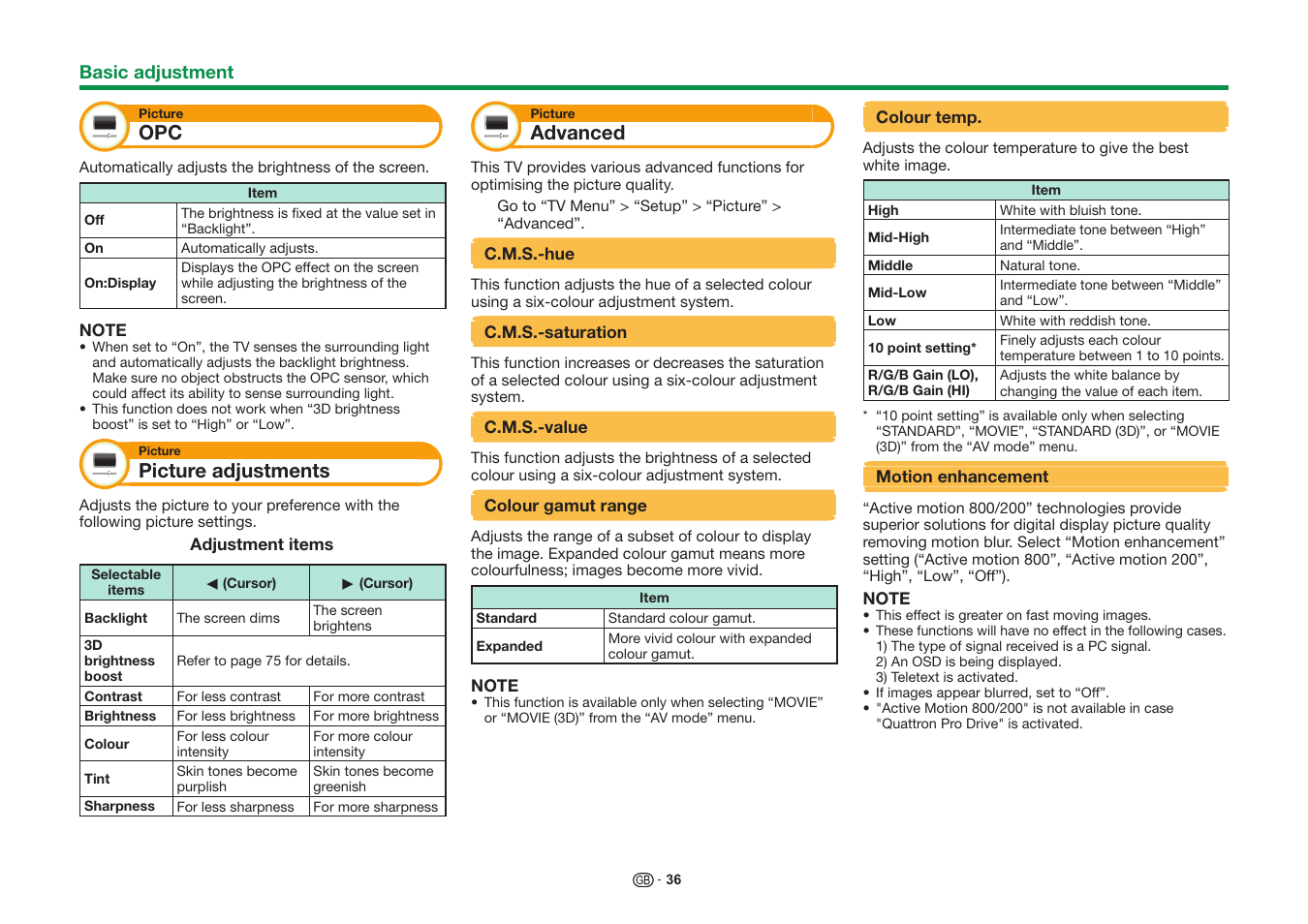 Picture adjustments, Advanced | Sharp LC-60UQ10KN User Manual | Page 38 / 93