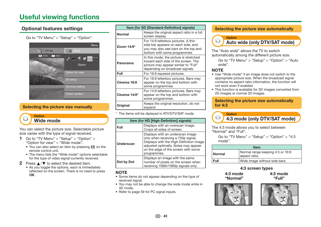 Useful viewing functions, Optional features settings, Wide mode | Auto wide (only dtv/sat mode), 3 mode (only dtv/sat mode) | Sharp LC-60UQ10KN User Manual | Page 47 / 93