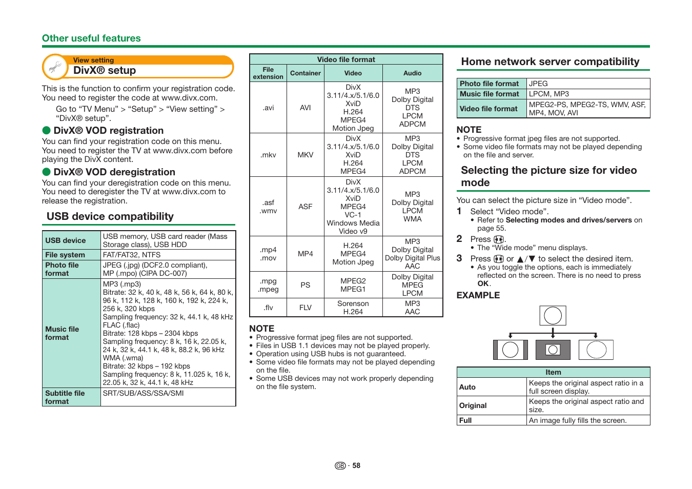 Divx® setup, Usb device compatibility, Home network server compatibility | Selecting the picture size for video mode | Sharp LC-60UQ10KN User Manual | Page 60 / 93