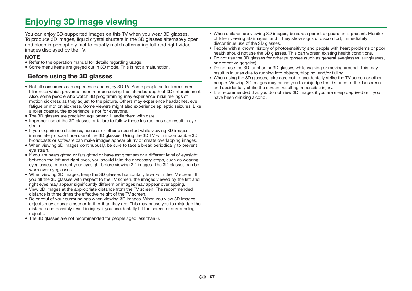 Enjoying 3d image viewing, Before using the 3d glasses | Sharp LC-60UQ10KN User Manual | Page 69 / 93