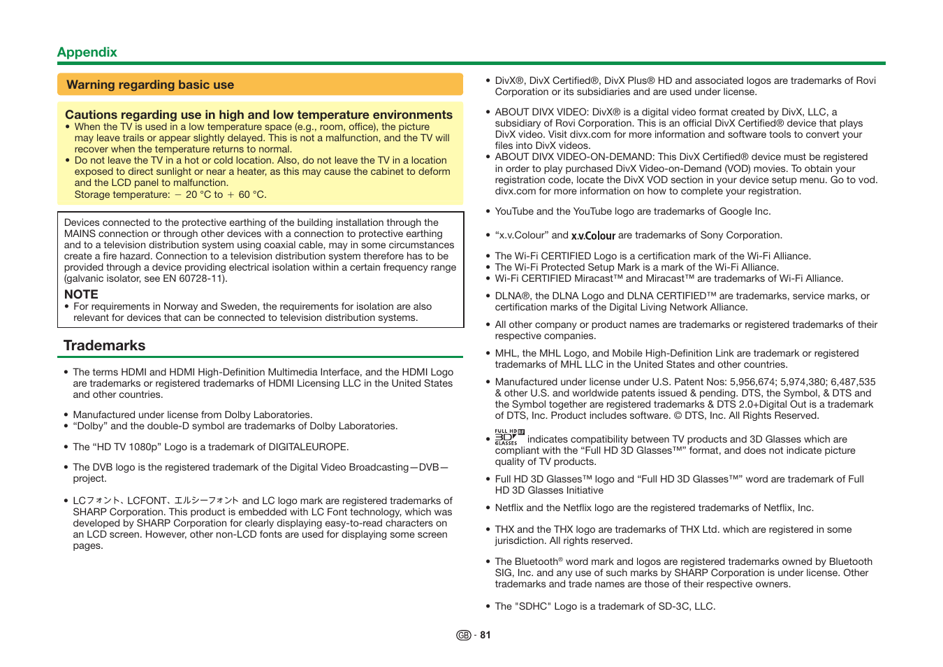 Trademarks | Sharp LC-60UQ10KN User Manual | Page 83 / 93