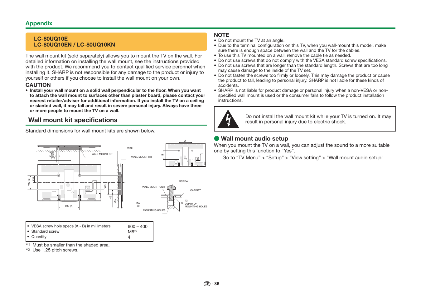 Wall mount kit specifications, Wall mount audio setup, Appendix | Caution | Sharp LC-60UQ10KN User Manual | Page 88 / 93