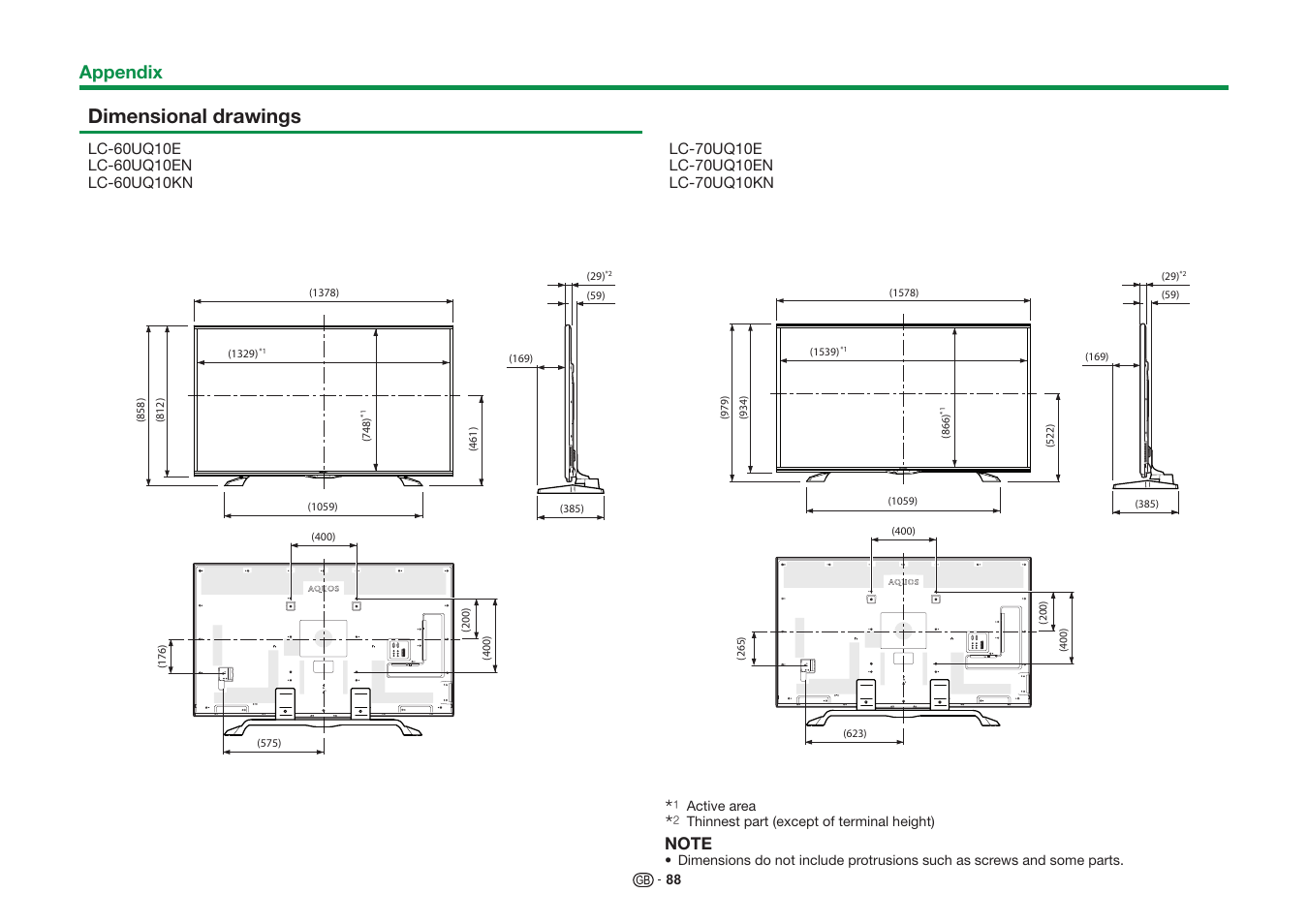 Dimensional drawings, Appendix | Sharp LC-60UQ10KN User Manual | Page 90 / 93