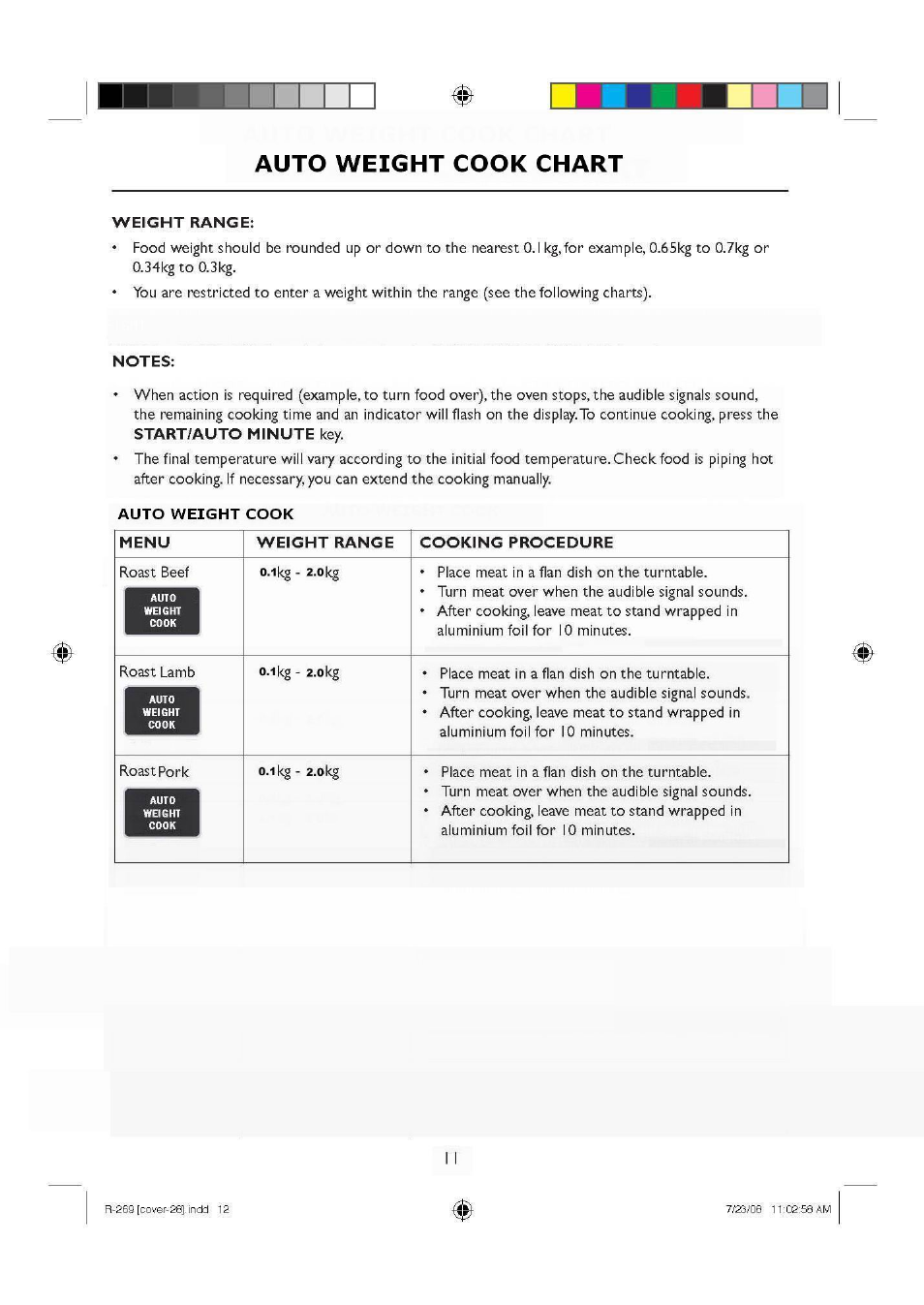 Auto weight cook chart | Sharp R270SLM User Manual | Page 13 / 29