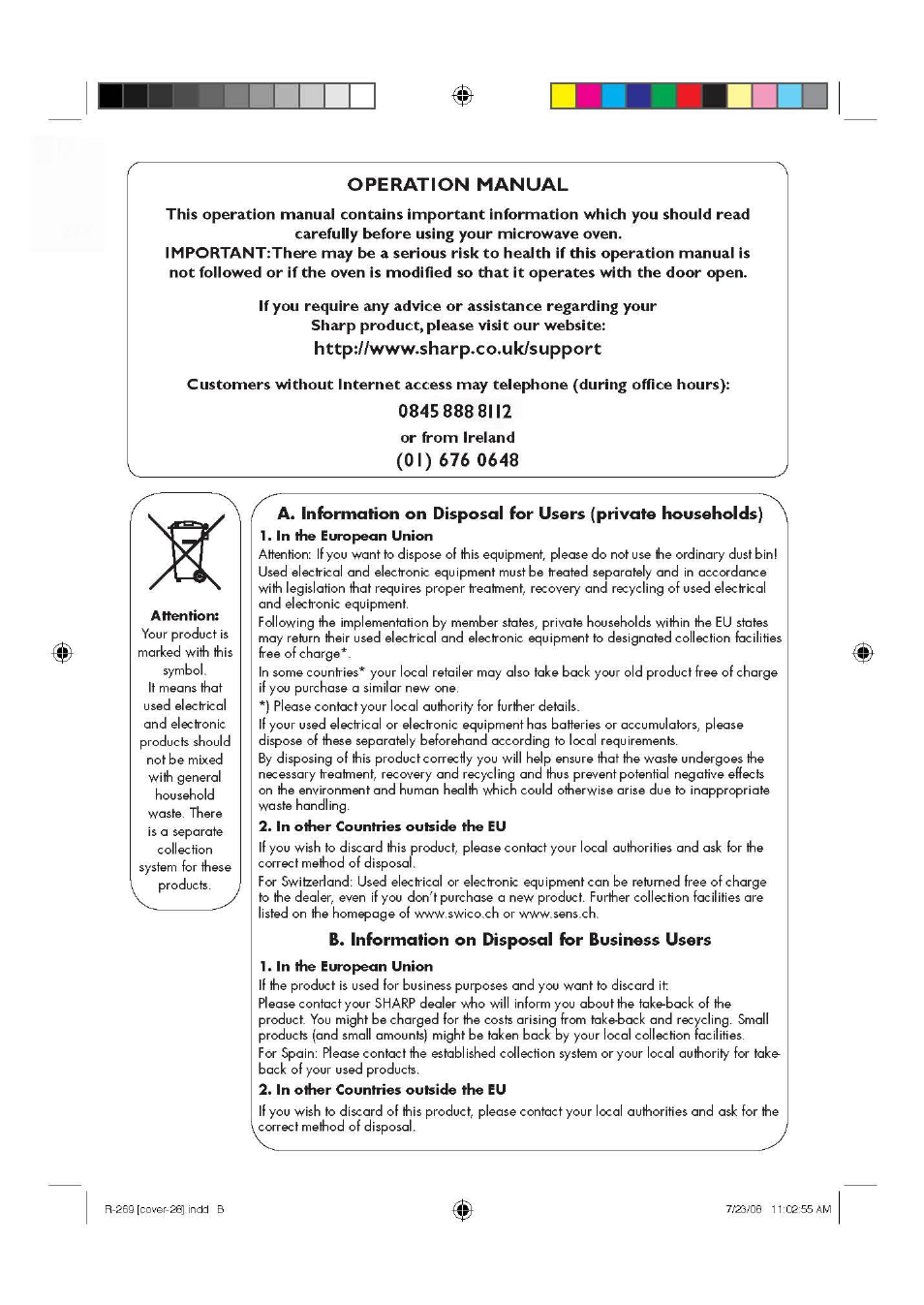 Or from ireland, Operation manual, B* information on disposal for business users | Sharp R270SLM User Manual | Page 2 / 29