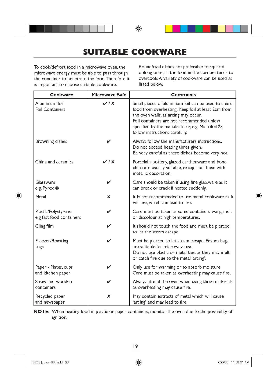 Suitable cookware, H suitable cookware | Sharp R270SLM User Manual | Page 21 / 29