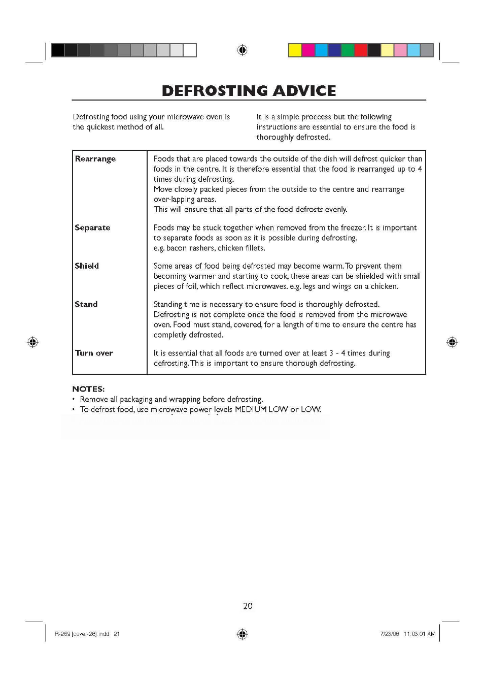 Defrosting advice, Notes | Sharp R270SLM User Manual | Page 22 / 29