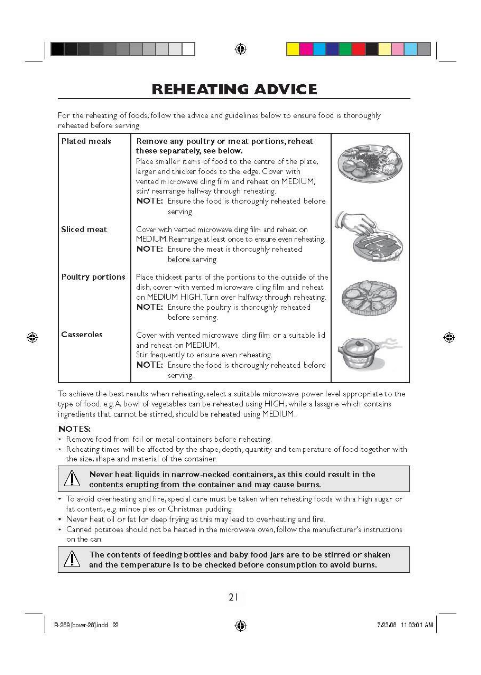 Reheating advice | Sharp R270SLM User Manual | Page 23 / 29