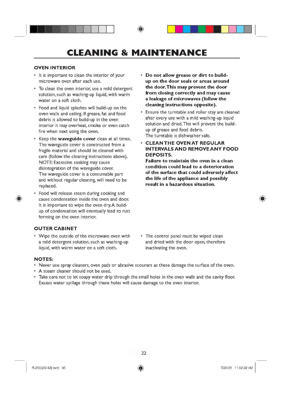 Cleaning & maintenance, Oven interior, Outer cabinet | Notes | Sharp R270SLM User Manual | Page 24 / 29