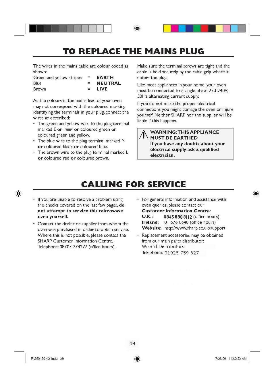То replace the mains plug, Calling for service, To replace the mains plug | Sharp R270SLM User Manual | Page 26 / 29