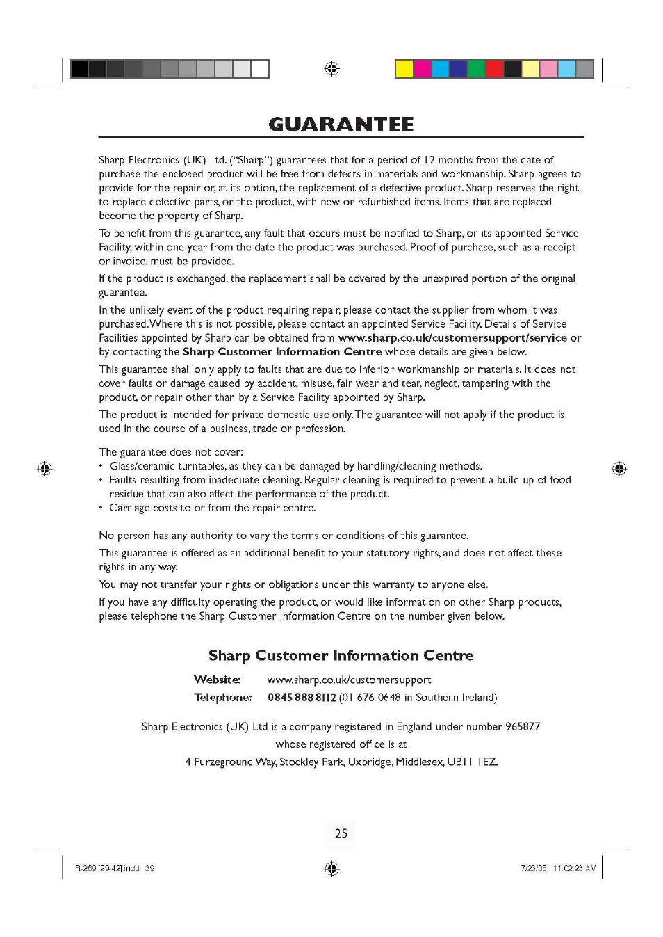 Guarantee, Uarantee, Sharp customer information centre | Sharp R270SLM User Manual | Page 27 / 29