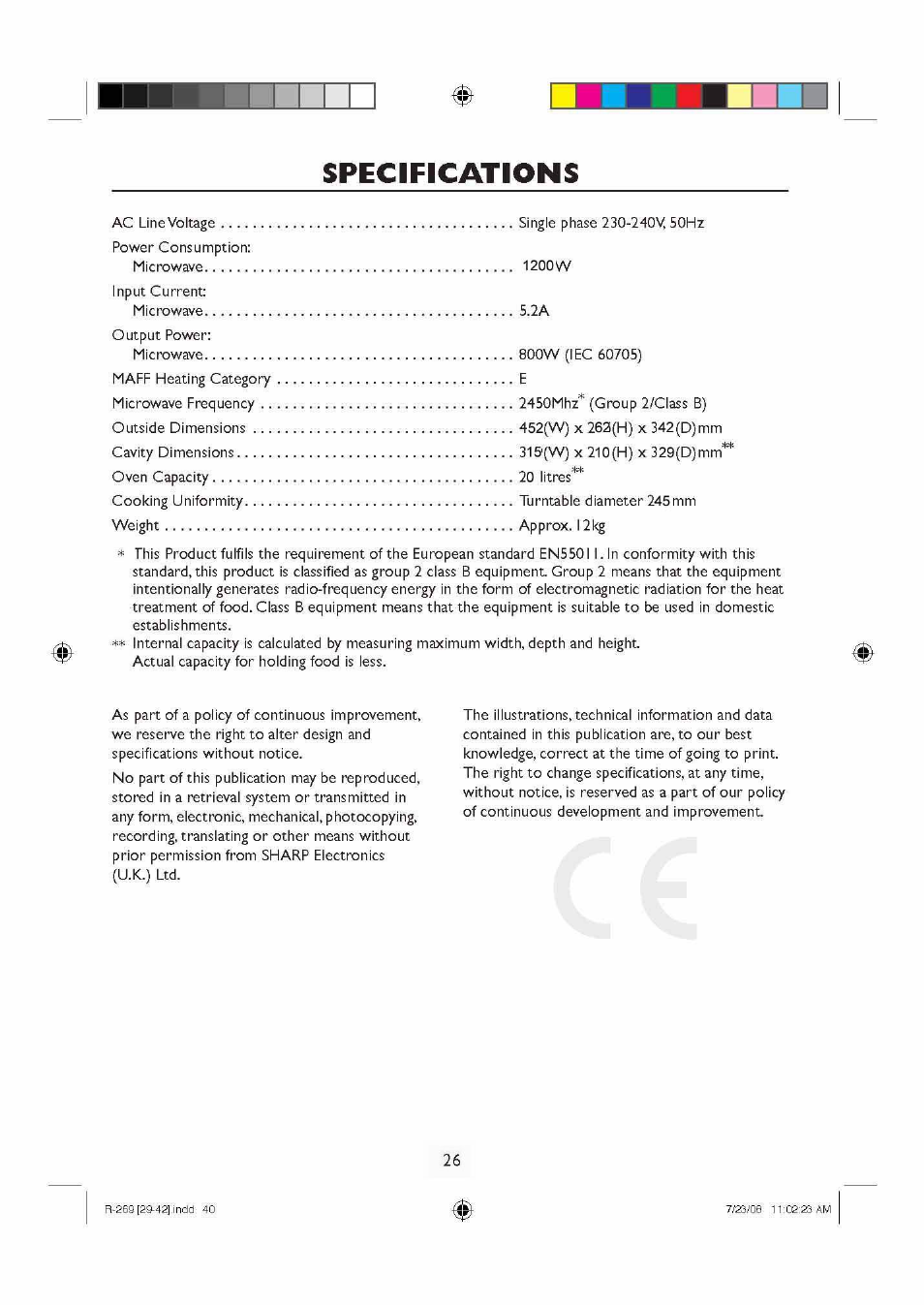 Specifications | Sharp R270SLM User Manual | Page 28 / 29