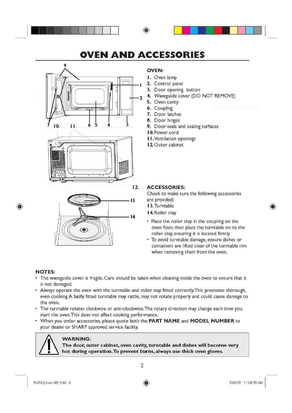 Oven and accessories, Oven, Accessories | Notes, Warning, Ccessories | Sharp R270SLM User Manual | Page 4 / 29