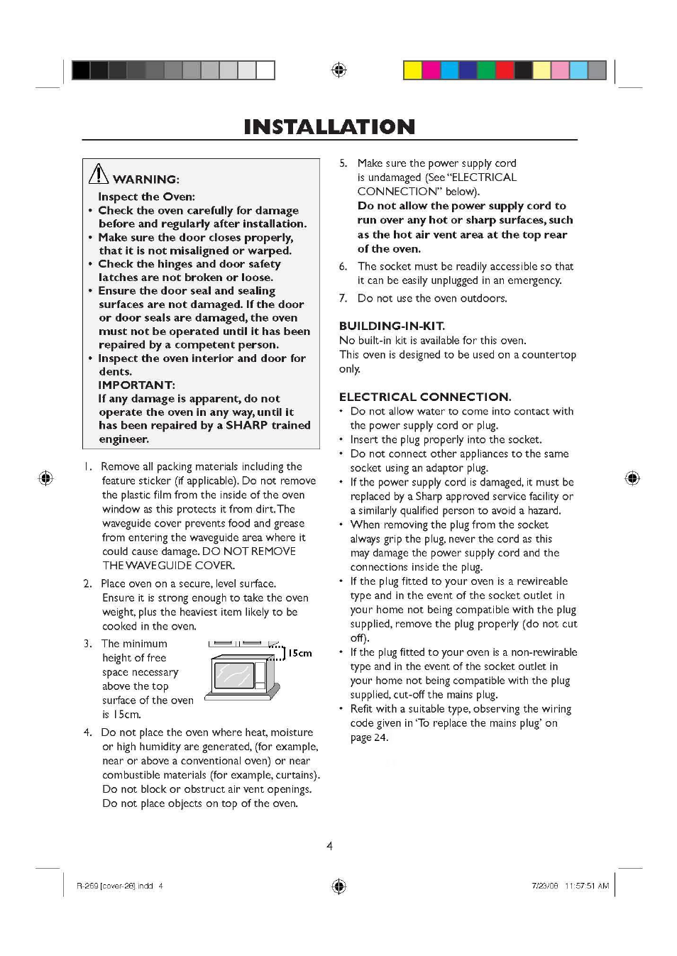 Installation, Building-in-kit, Electrical connection | Installation -5 | Sharp R270SLM User Manual | Page 6 / 29