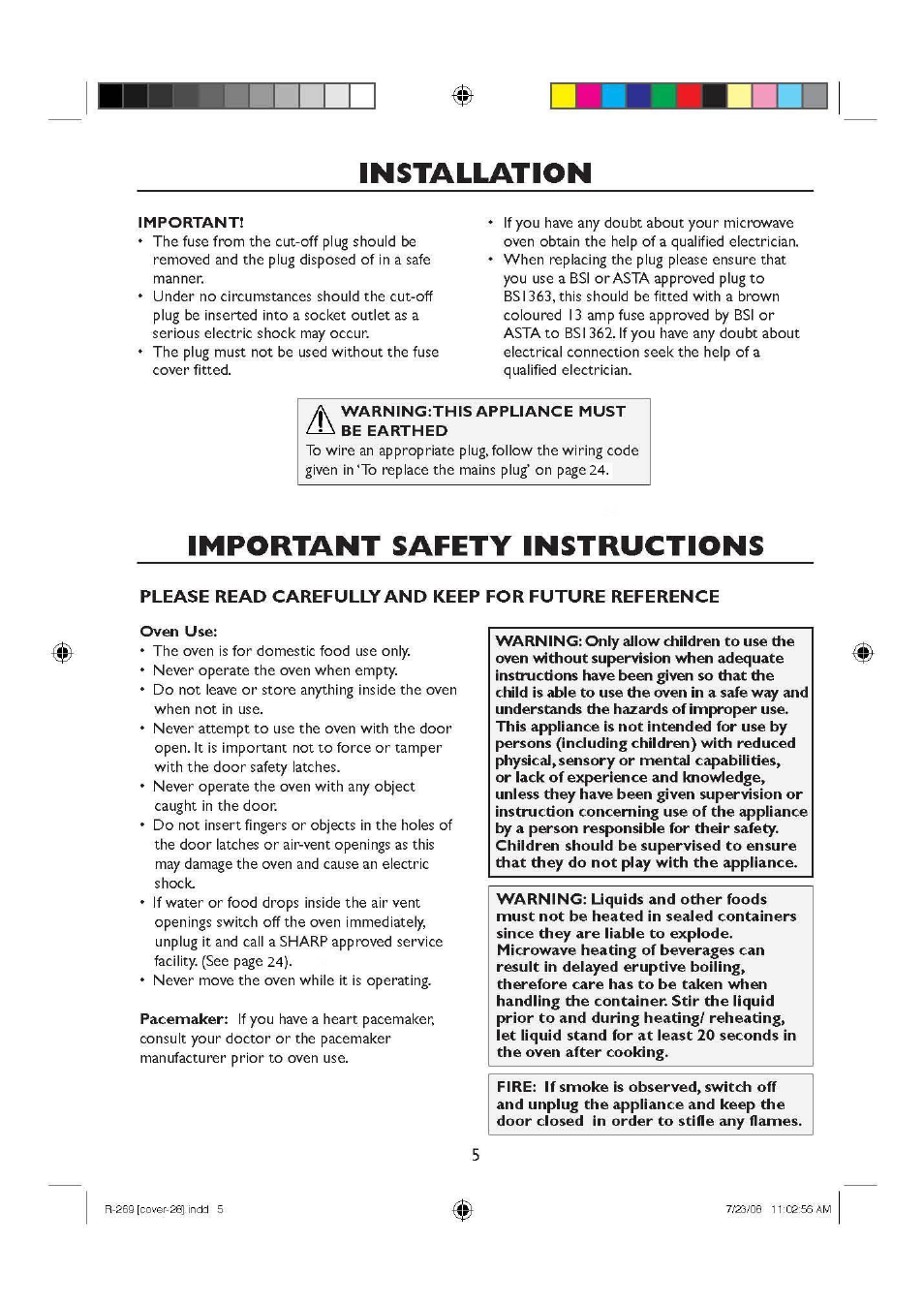 Installation, Important, Warning:this appliance must be earthed | Important safety instructions, Oven use | Sharp R270SLM User Manual | Page 7 / 29
