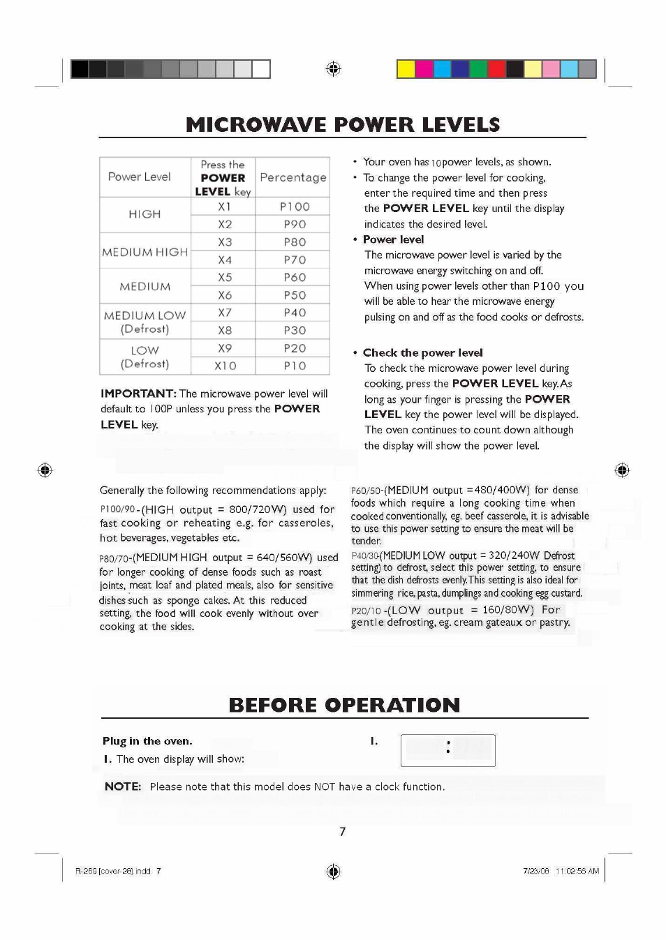 Microwave power levels, Before operation | Sharp R270SLM User Manual | Page 9 / 29