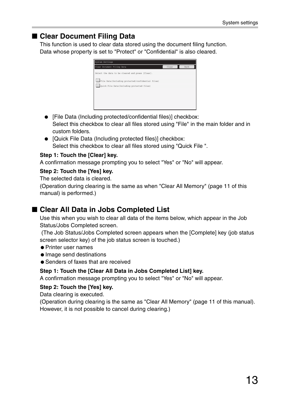 Clear document filing data, Clear all data in jobs completed list | Sharp MX-C381 User Manual | Page 14 / 30