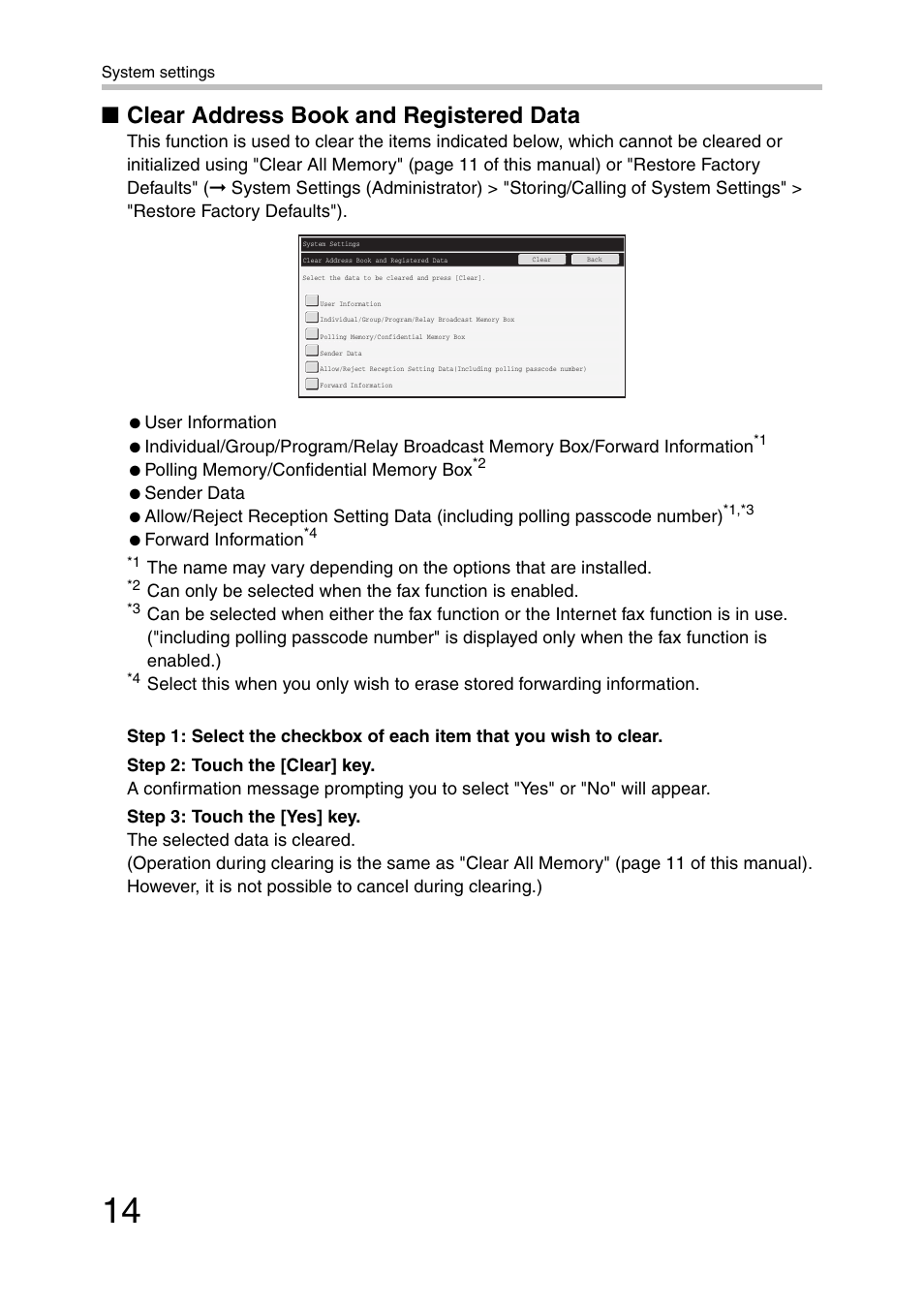 Clear address book and registered data, User information, Sender data | Forward information | Sharp MX-C381 User Manual | Page 15 / 30