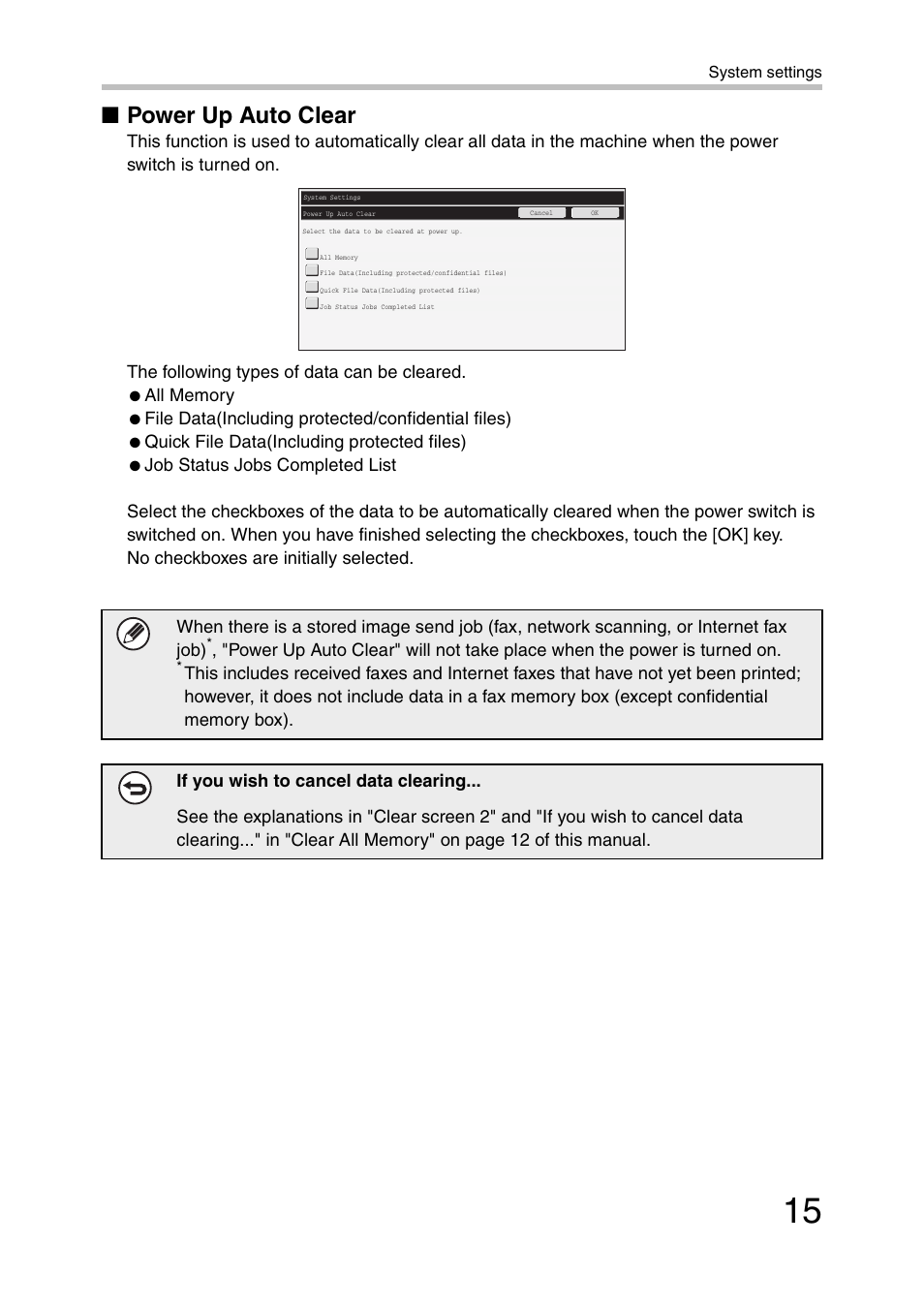 Power up auto clear | Sharp MX-C381 User Manual | Page 16 / 30