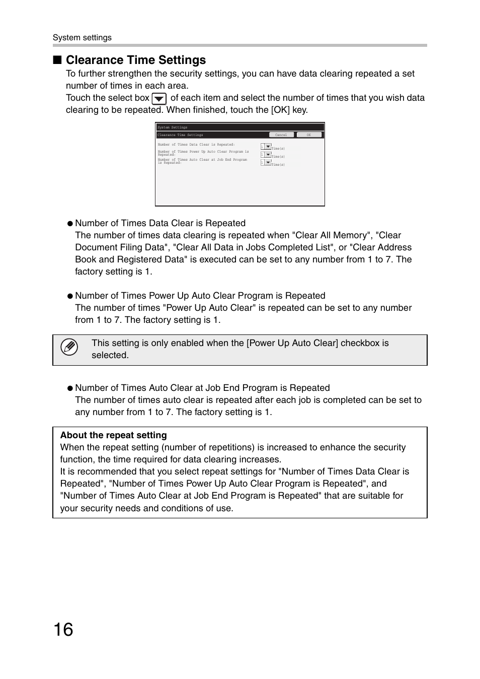 Clearance time settings, Number of times data clear is repeated | Sharp MX-C381 User Manual | Page 17 / 30